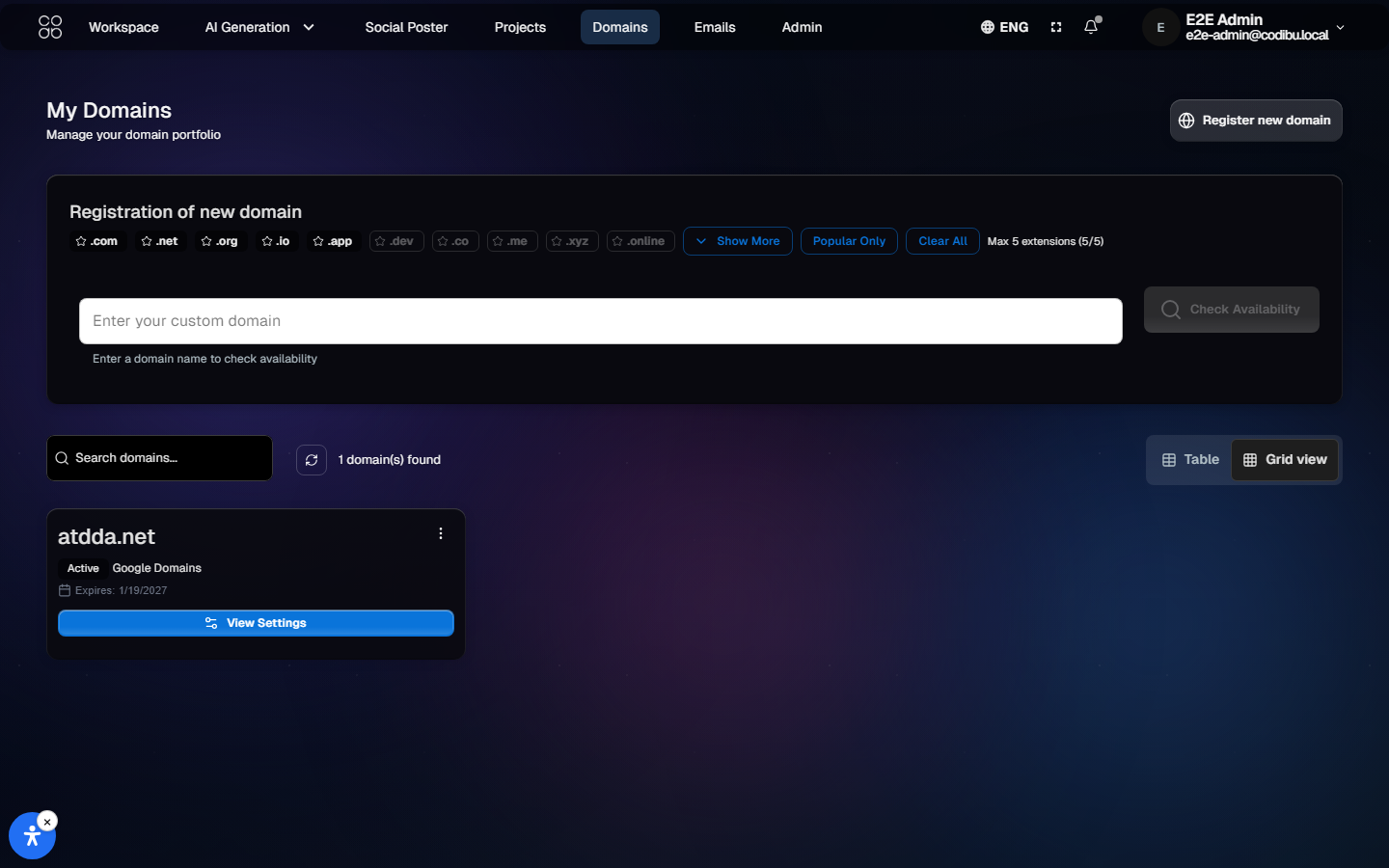 Codibu domains — search, active domain, and launch planning
