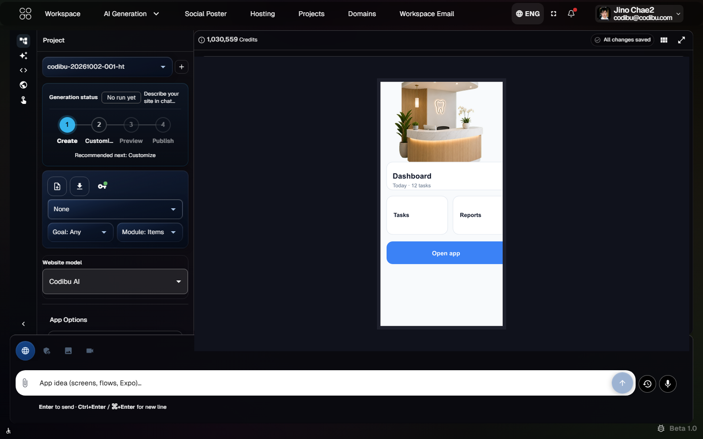 Codibu AI app builder — draft screens in the workspace